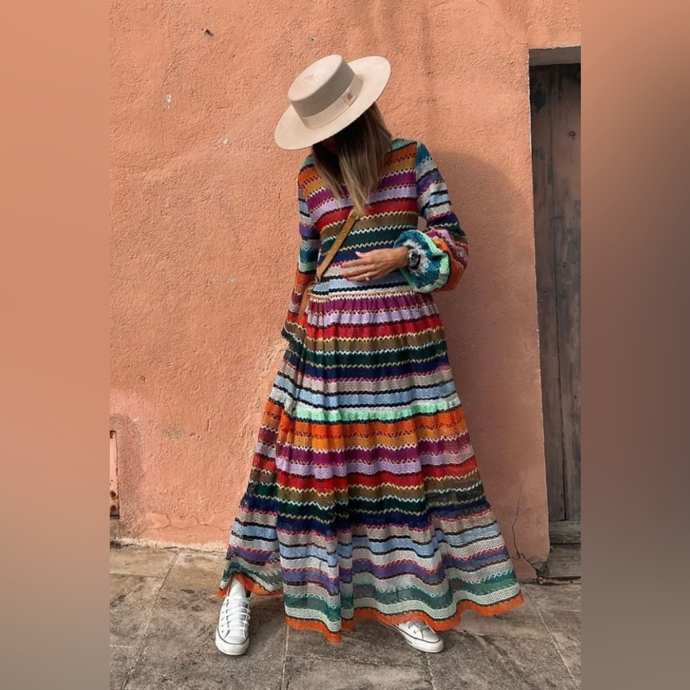 NWT. Marielle Almelo Dress Kim Colorful Striped Maxi Dress. Size chart added